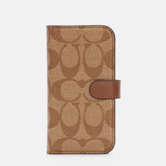 NWT COACH KHAKI SIGNATURE FOLIO IPHONE 12 MINI PHONE CASE - Picture 1 of 7